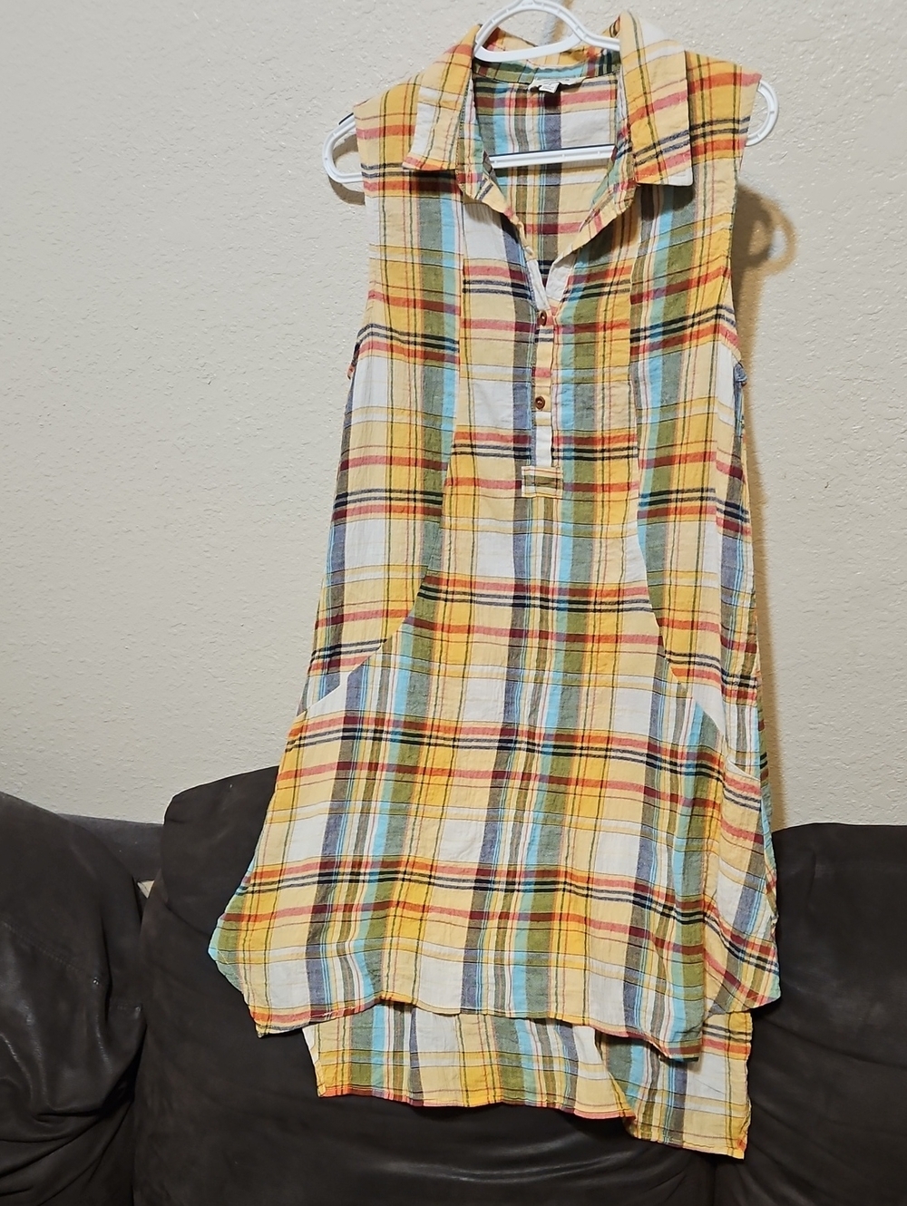 Umgee Yellow Plaid Sleeveless Tunic with Blue and Red Accents